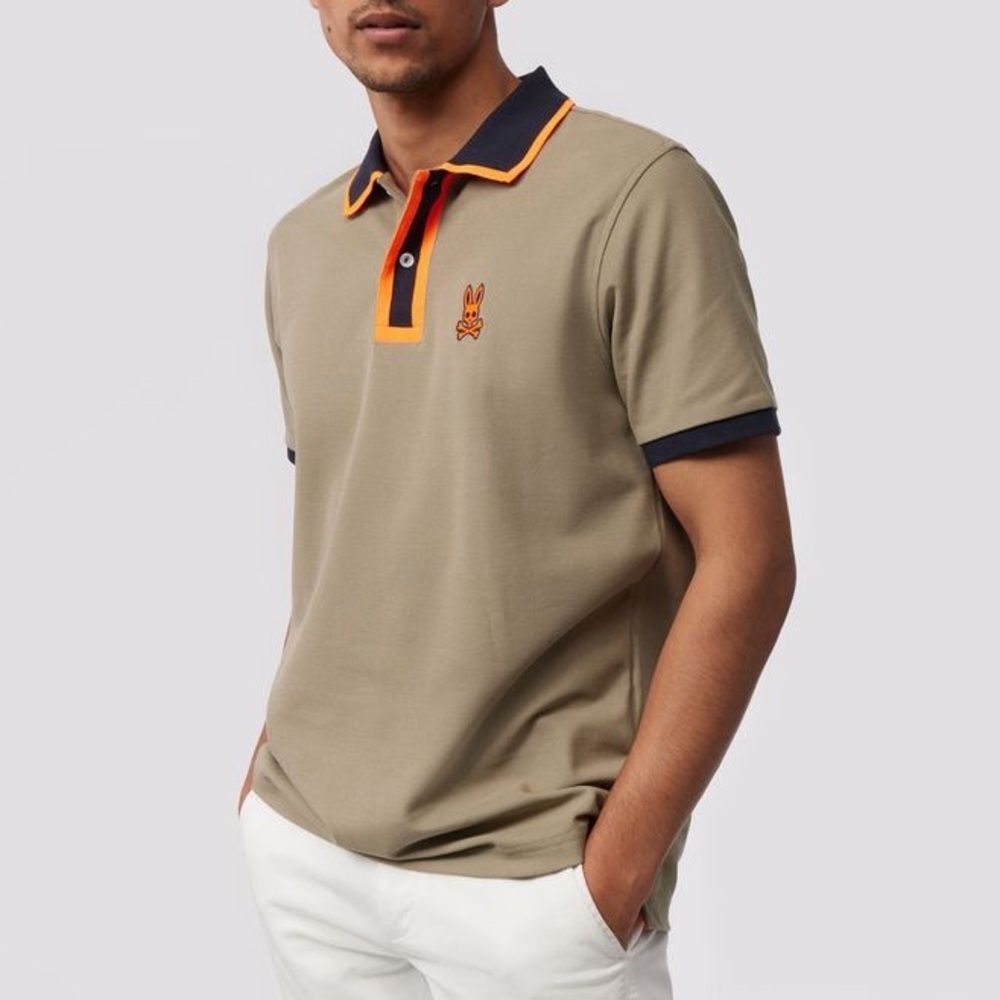 Psycho Bunny Tan Polo Shirt with Orange and Navy Accents